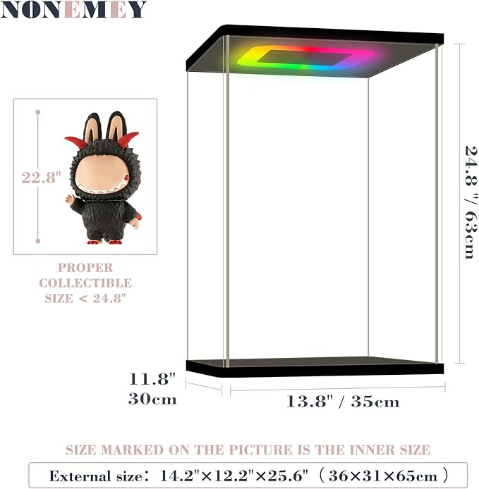NONEMEY Clear Acrylic Display Case with RGB LED Light , Dustproof Model Showcase Organizer Box, Display Case for Collectibles (14.2x12.2x25.6 inch, 36x31x65cm)