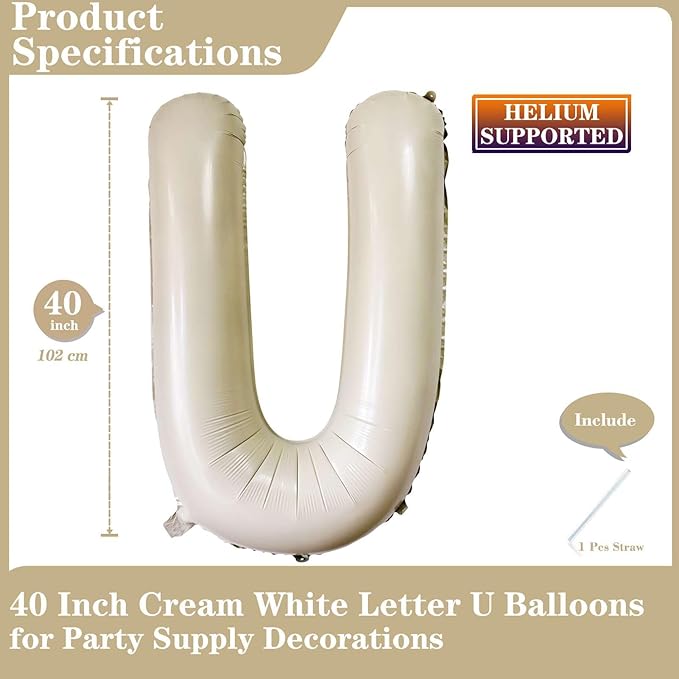 Cream White Letter U Balloons, 40 Inch Giant Letter Balloons U Foil Mylar Helium White Letter Balloons for Birthday Party Supplies Anniversary Event Celebration Decorations Alphabet White U