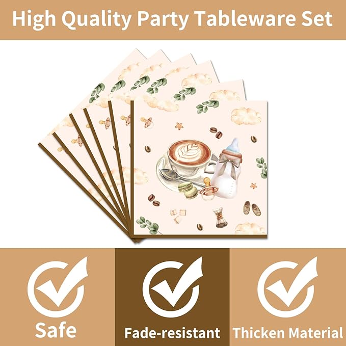 96Pcs Coffee Theme Baby Shower Tableware Set - Coffee A Baby Is Brewing Paper Plates Napkins Forks A litte Bean Is On The Way Gender Reveal Party Supplies Serve 24 Guests