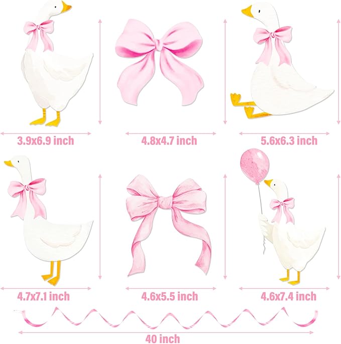 Pink Bow Silly Goose Hanging Swirls Goose Birthday Party Decorations 23Pcs One Silly Goose Hanging Streamers Farm Silly Goose Ceiling Decor for Geese Theme Girls Baby Shower Supplies
