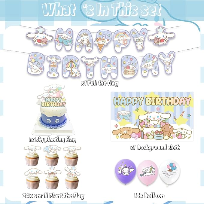 42pcs Cinna-morolls Birthday Party Supplies Pack Includes，Banner，Cake Topper，Blackdrop,Balloons for Cinna-morolls party decoration