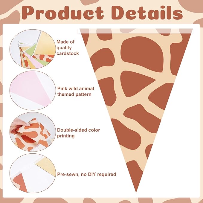 Tiamon 5 Pcs Wild One Birthday Banner Decorations Giraffe Animals Pink Jungle Safari Pennant Bunting Printed Triangle Flag for Jungle Wild Baby Shower Zoo Giraffe Birthday Party Decor Supplies