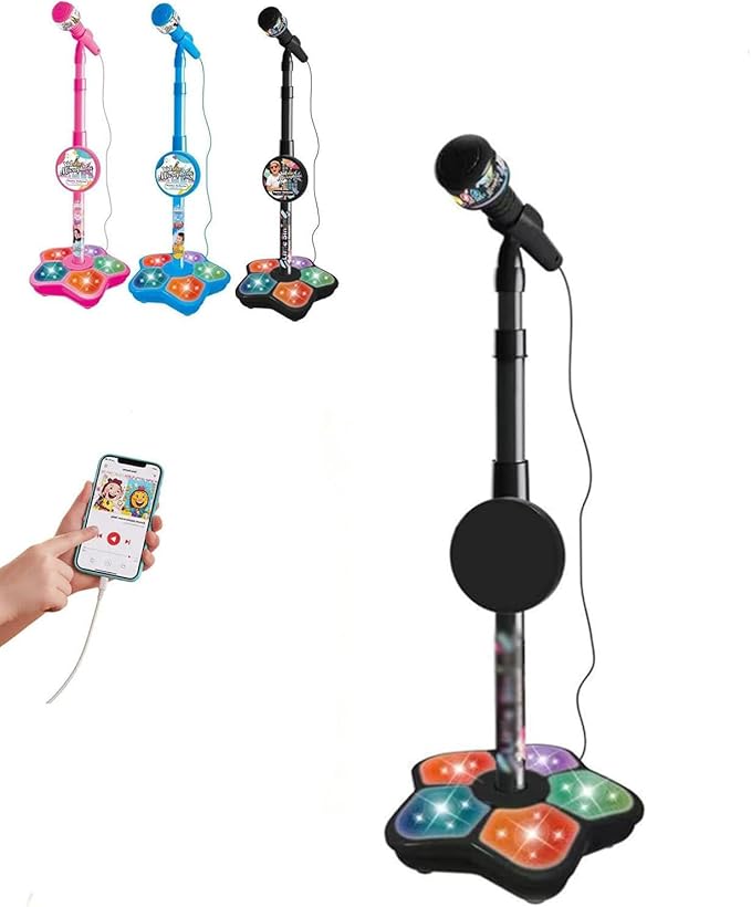 Star Microphone with Stand, 2026 New The All in One Microphone Toy with Stand Adjustable, Built-in Music, Colorful Lights&Echo Effects, Microphonetoy Karaoke Machine for Singing, Music Play (Black)