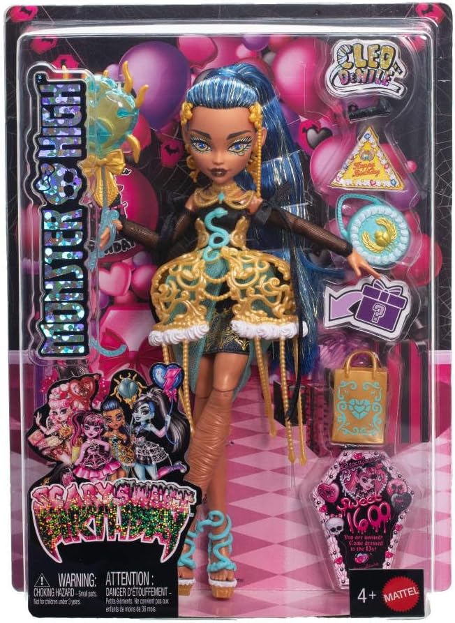 Monster High Scary Sweet Birthday Doll, Cleo De Nile in Golden Party Dress with Themed Accessories Like Invite, Balloon, Gift, Lipstick and More