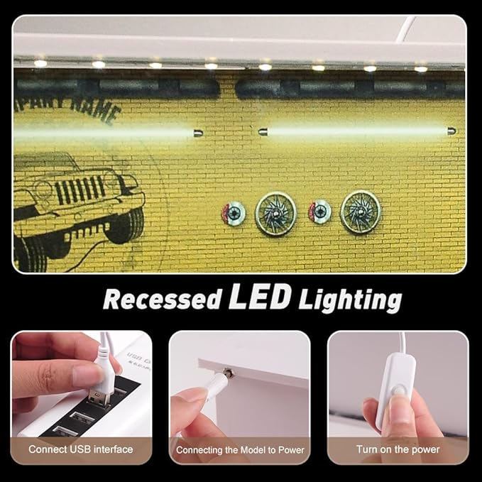 1/64 Model Car Display Case Diecast Diorama Garage，Simulated Parking Lot Model Miniature Scene Parking Lot PVC Assembly with Light Parking Space Model Display Frame Toy Display Box (Yellow)