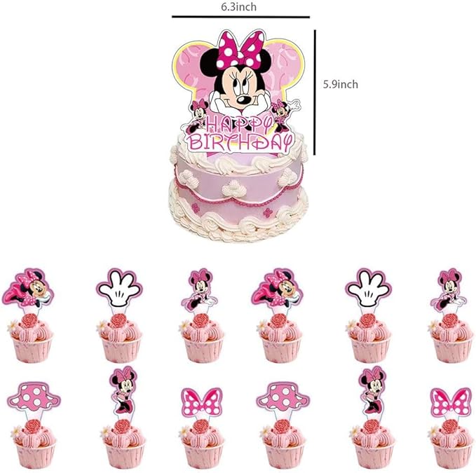 27 Psc For Minnie themed birthday party set, easy to assemble decorations including children's DIY cake toppers and background cloth set, perfect for children's birthday parties.