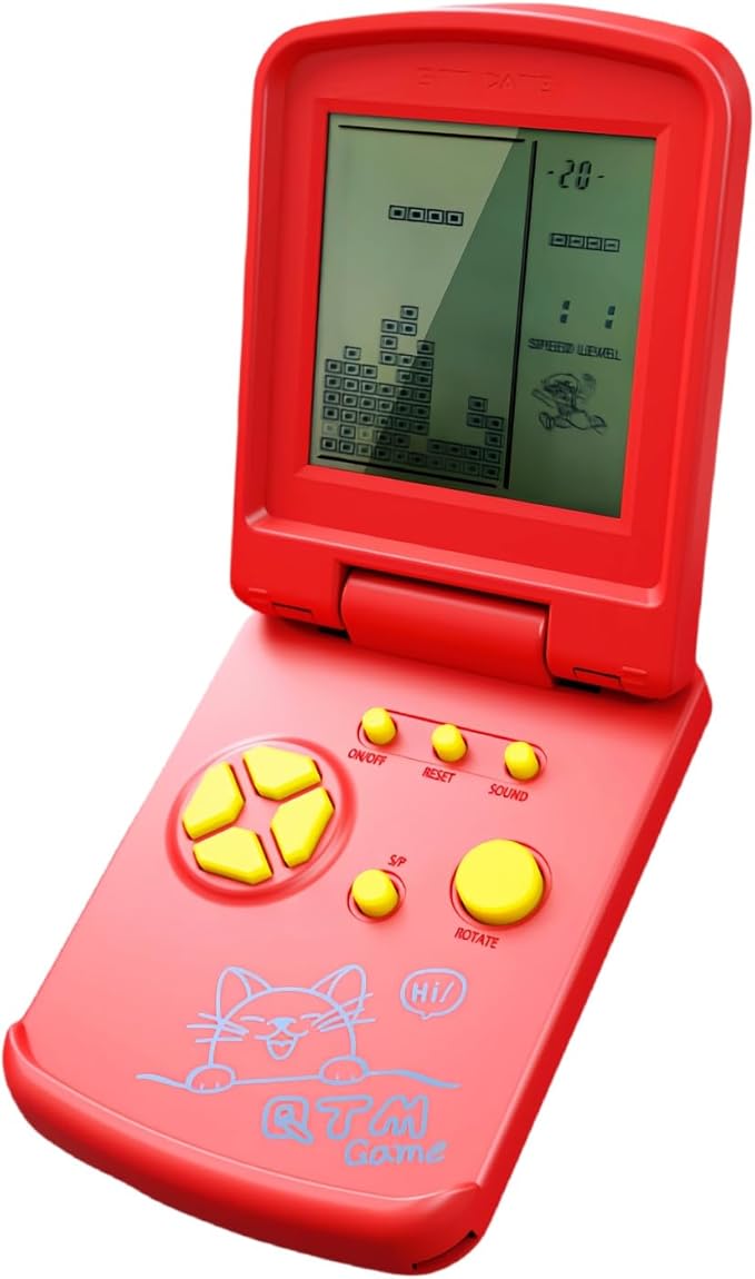 JXD 3.5-Inch Screen Block Game Console with Unique Flip Design Built-in 26 Retro Games Multiple Modes Adjustable Difficulty/Speed Children's Educational Game Toys Christmas (Red)
