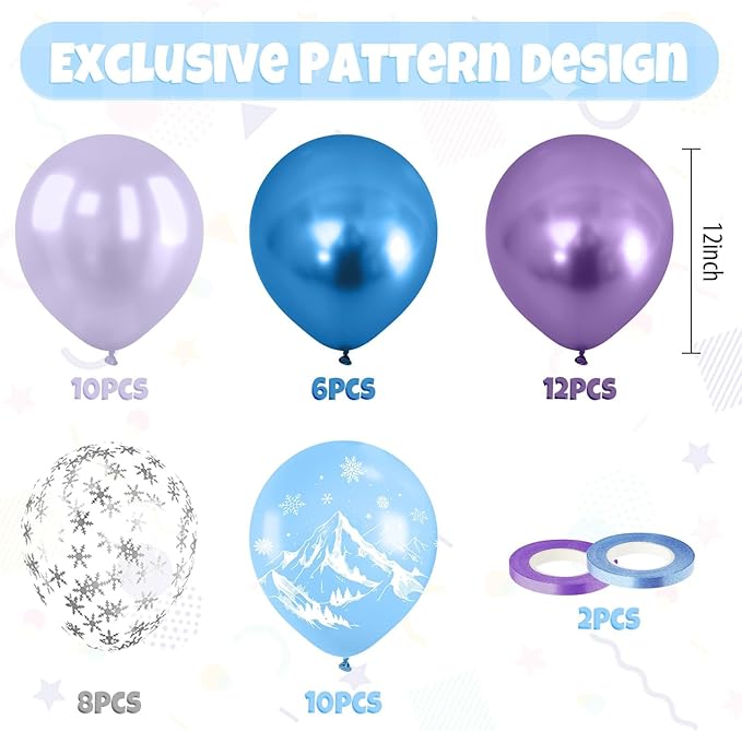 Frozen Balloons, 50Pcs 12 Inch Light Macaron Blue Pearl Purple Metallic Blue Purple Clear Snowflake Birthday Balloons for Girls Frozen Birthday Party Decorations Winter Baby Shower Snow Backdrop