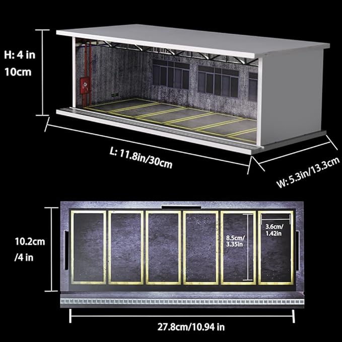 1/64 Scale Hot die-cast Wheels Model car scenarios Display case with LED Light and Acrylic Cover, Scenes Parking lot Diorama Storage Garage Box with 6 Parking Spaces (Factory)