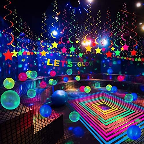 Chuangdi 44 Pcs Neon Birthday Party Decoration Glow in The Dark Party Supplies Includes Let's Glow Banner Star Hanging Swirl Fluorescent Balloons UV Black Light Reactive Tape Neon Dots