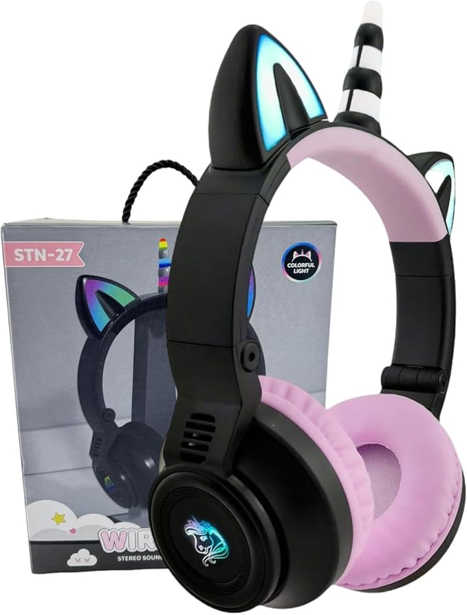 Unicorn Kids Headphones for Girls, Unicorn Bluetooth Headphones Foldable for Girls Toddlers Tablet/pad/Amazon fire,Light Up Kids Wireless Headphone Birthday Gifts (Black)