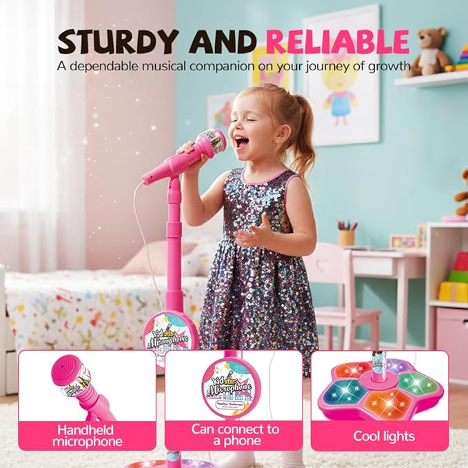 The All in One Microphone Toy, Star Microphone with Stand, Kid Star Microphones Toy Karaoke Machine with Lights, Speaker & Echo Effects, Move to Play (Black)