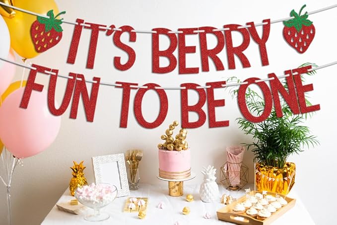 It's Berry Fun to be One Banner, Strawberry 1st Birthday Decorations, Berry Sweet Baby Shower Decoration, First Baby Girls One Year Old Birthday Party Supplies Red Green