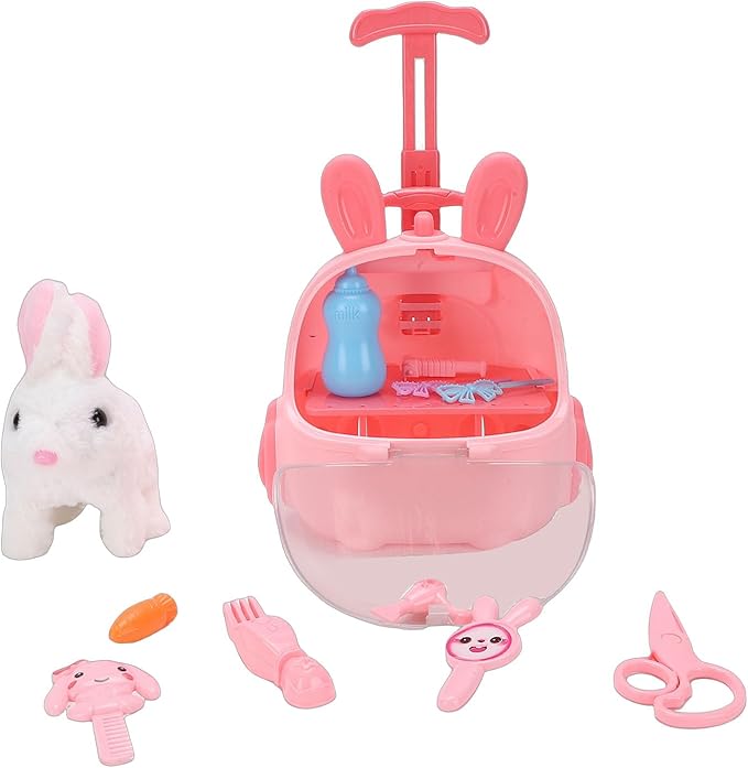 Electric Bunny Toy, Interactive Plush Bunny Toy with Cage, Walking Hopping & Nose Twitching Electronic Pet for Kids