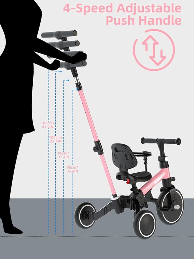 XJD Toddler Bike, 6 in 1 Folding Toddler Tricycle for 1-4 Year Old with Parental Control Handle, Balance Bike with Removable Pedal, Backrest, Adjustable Seat Height, First Birthday Gifts (Pink)