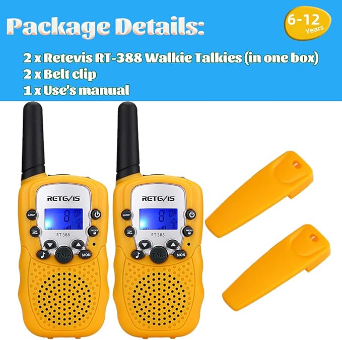 Retevis RT388 Kids Walkie Talkies, Toys Gifts for 6-12 Year Old Girls Boys, Mini Toy Walkie Talkie, Easter Birthday Gifts Outdoor Camping(Yellow 2 Pack)