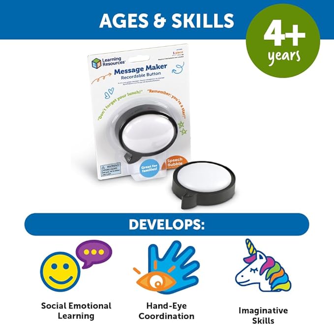 Learning Resources Message Maker Recordable Button Speech Bubble - SEL Toys, Conversation Skills, Voice Recorder Buttons for Classroom, Teacher Literacy Group, Gifts for Kids