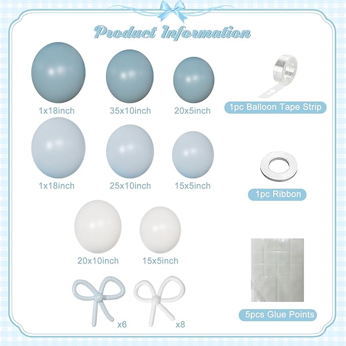 Blue and White Balloon Garland Arch Kit, 146Pcs Dusty Macaron Blue White Long Balloons Different Size for Coquette Birthday Gender Reveal Baby Shower Boy Wedding Bridal Shower Sports Party Decorations