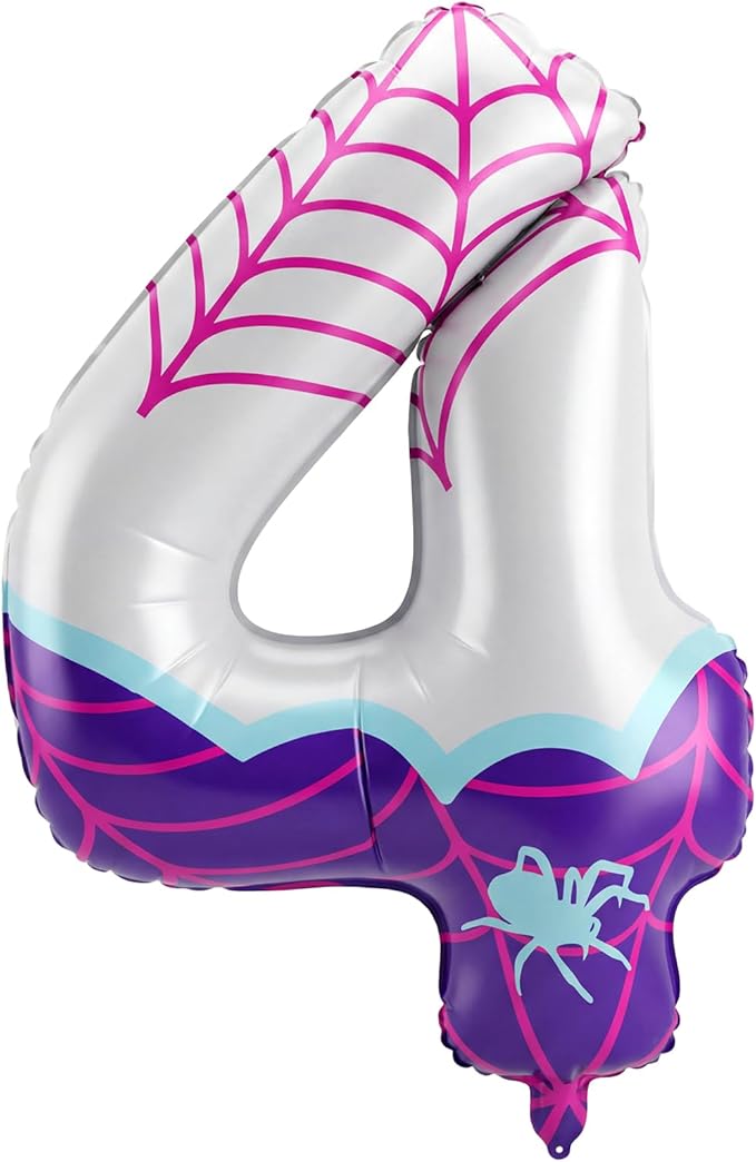 Spider Number 4 Balloons 40 Inch Purple Spider Theme Birthday Party Decorations Large Foil Balloons for Girls Boys 4th Birthday Baby Shower Party Backdrop Celebration Supplies