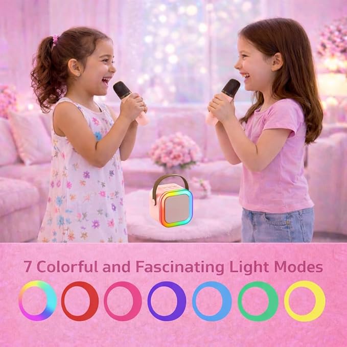 Karaoke Machine for Kids, Portable Bluetooth Speaker with 2 Wireless Microphones, Christmas Birthday Gift Toy Ideas for Boys and Girls Ages 4, 5, 6, 7, 8, 9, 10, 12+ Years Old (Pink)