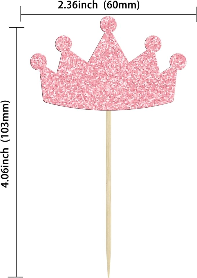 Ephlyn 24Pcs Crown Cupcake Toppers Glitter Queen Crown Cupcake Picks for Queen Princess Theme Baby Shower Girls Wedding Birthday Party Cake Decorations Supplies Pink
