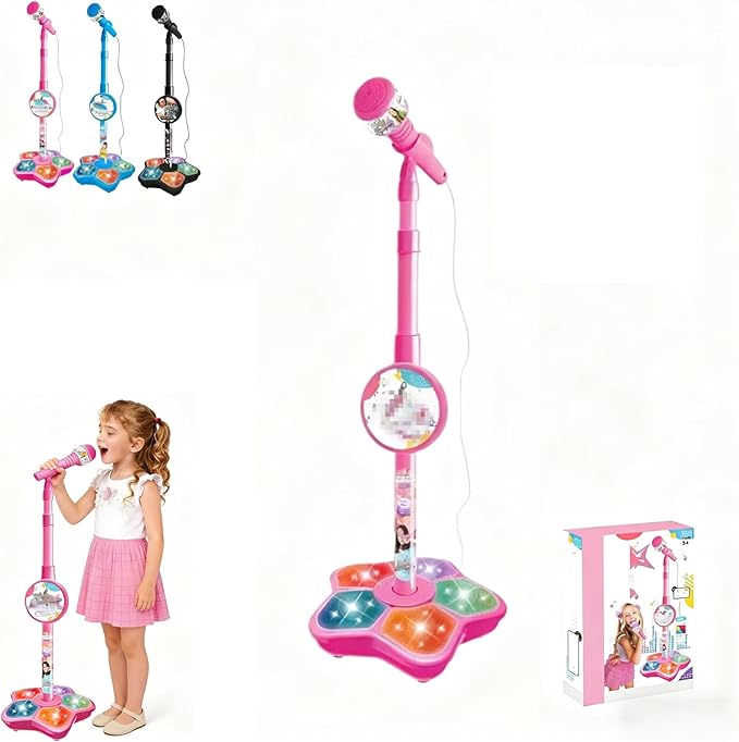 Kids Microphone with Stand - 2026 New Karaoke Machine for Budding Singers, Built-in Music & Echo, 6 Colorful Lights, Adjustable Stand for Girls Boys Birthday Gift (Pink)