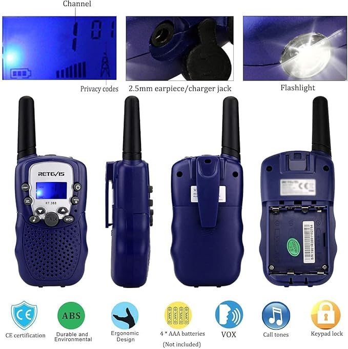 Retevis RT388 Kids Walkie Talkies, Toys for 6-12 Year Old Boys Girls, Walkie Talkies for Kids 22CH 2 Way Radio, VOX Flashlight LCD Backlit, Toys Gifts for Easter Basket Stuffers(Dark Blue,1 Pair)