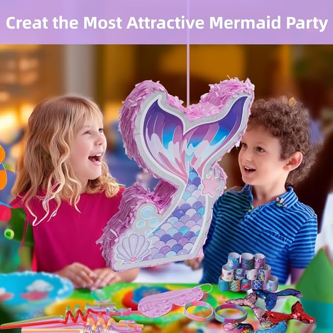 Mermaid Pinata Set Birthday Party Favors for Girl Kids Birthday Themed Party Supplies with Tail Pinata Stickers Slap Bracelet Keychain Silicone Bands and Straws 44 Pack