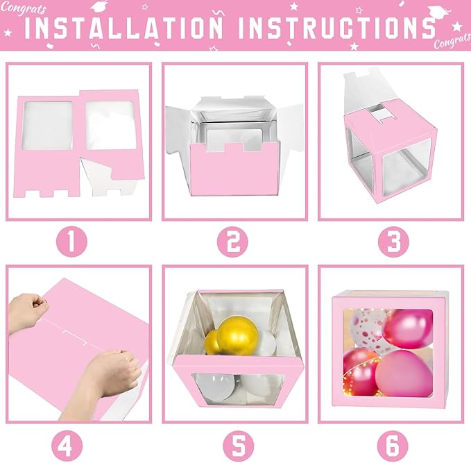 Pink Graduation Decorations Class of 2026 - Set of 4 Balloons Boxes with Letters 2026 GRAD So Proud of You, Congrats Grad Party Decorations for Any Grades