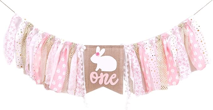 Pink Happy Birthday Banner - 1st Birthday High Chair Banner, Rabbit Themed Photo Props, Princess Party Decorations Supplies for Baby Girl