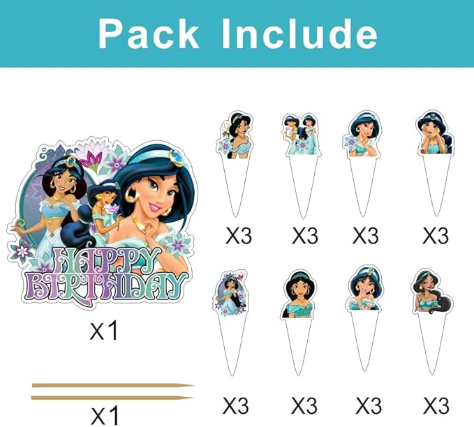 25Pcs Princess Jasmine Cake Decorations with 24pcs Cupcake Toppers 1pcs Cake Topper for Girls Birthday Party Supplies