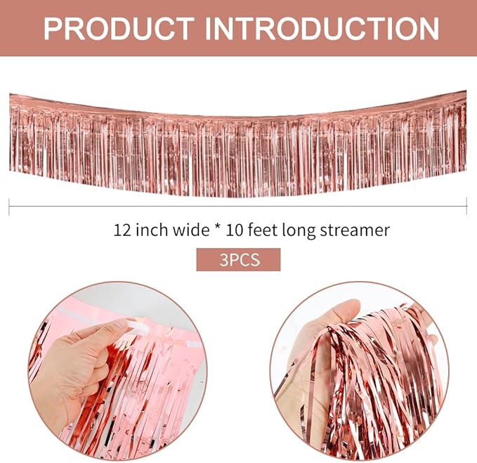 BEISHIDA 3 Packs 30 Feet Metallic Foil Fringe Garland Tinsel Streamers，Shiny Rose Gold Wall Hanging Tinsel Fringe Banners for Wedding Birthday Party Decoration Halloween Christmas New Year