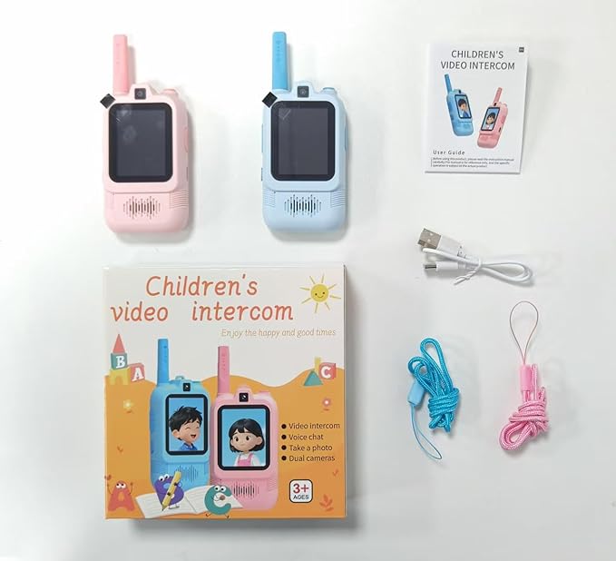 Video Walkie Talkies for Kids 2 Pack with Dual Camera, 2.0” Screen, Voice Chat & Photo Capture – 150–500m Range, Fun Voice Effects, Auto Pairing, 650mAh Rechargeable Battery
