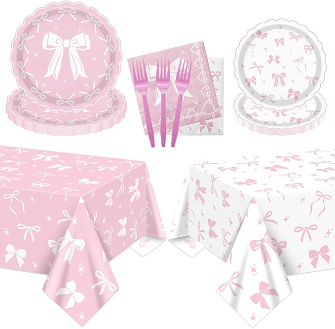Pink Bow Party Supplies Set for 20 Guests, Including Tablecloths, Forks, Napkins and Plates for Pink Bow Birthday Decorations Coquette Birthday Party Bachelorette