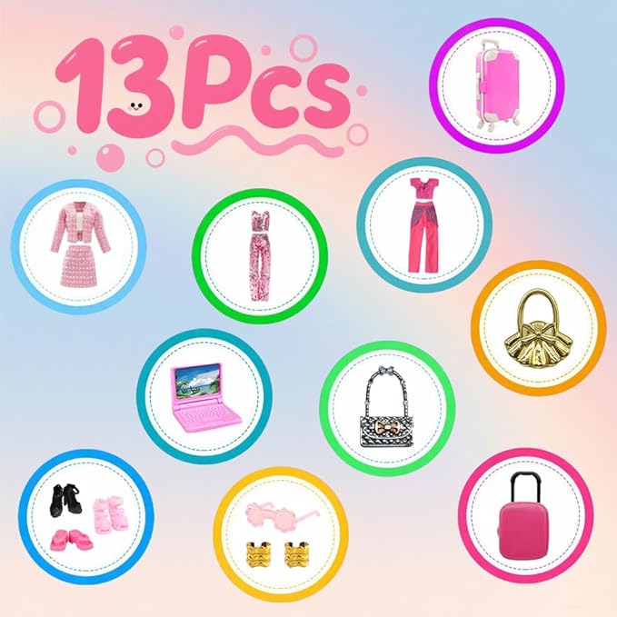 13 Pcs 11.5" Doll Travel Gear Set - Suitcase Luggage , Clothes, Laptop, Bag, Glasses, Bracelets, Shoes - Christmas & Birthday Gift(No Doll)