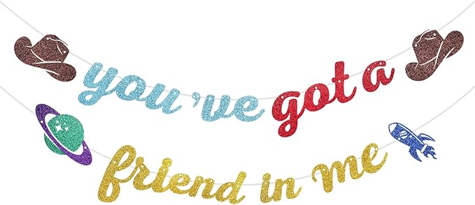 Glitter You've Got A Friend in Me Banner Cartoon Story Friend Birthday Banner Friendship Anniversary Party Decorations Toy Inspired Game Party Supplies Classroom Decorations