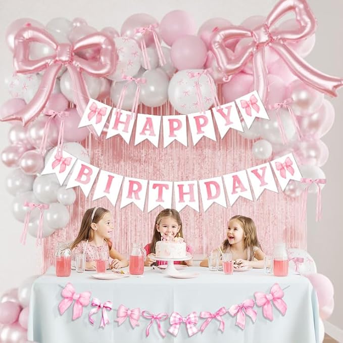 Pink Bow Party Decorations - Coquette Birthday Decorations Include Banner Pearl Pink White Printed Balloons Metallic Tinsel Foil Fringe Curtains Ribbon Bow Theme Supplies for Girls Bachelorette Decor