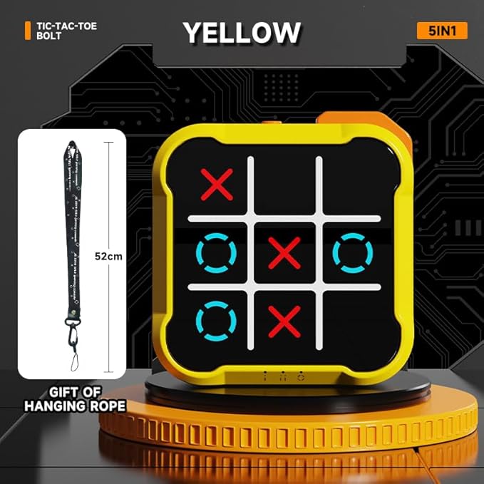 5-in-1 Electronic Tic-Tac-Toe Game, Handheld Electric Puzzle Game with Silent Mode, Portable Strategy Set for Kids & Adults,Travel Games, Birthday Gifts.（Yellow