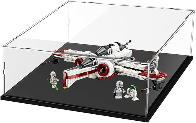 Thickened Clear Acrylic Display Case for Lego 75402 ARC-170 Starfighter 75325 60433 Collectibles, Transparent Box Large Dustproof Protection with Wood-Plastic Base Light, Black Inside 17.7x13.8x3.9 in