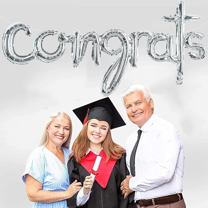 TONIFUL Congrats Balloons - 45 Inch Silver Congrats Foil Balloons Banner Reusable Material for 2026 Graduation Party Graduate Congratulations Class of 2026 Congrats Grad Decorations Supplies