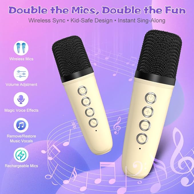 Mini Karaoke Machine for Kids Adults, TOP Toy Gift Bluetooth Karaoke Speaker with 2 Wireless Microphones, LED Party Lights, AUX/USB/TF- Christmas Birthday Gifts for Girls Boys Ages 3-12+, Beige