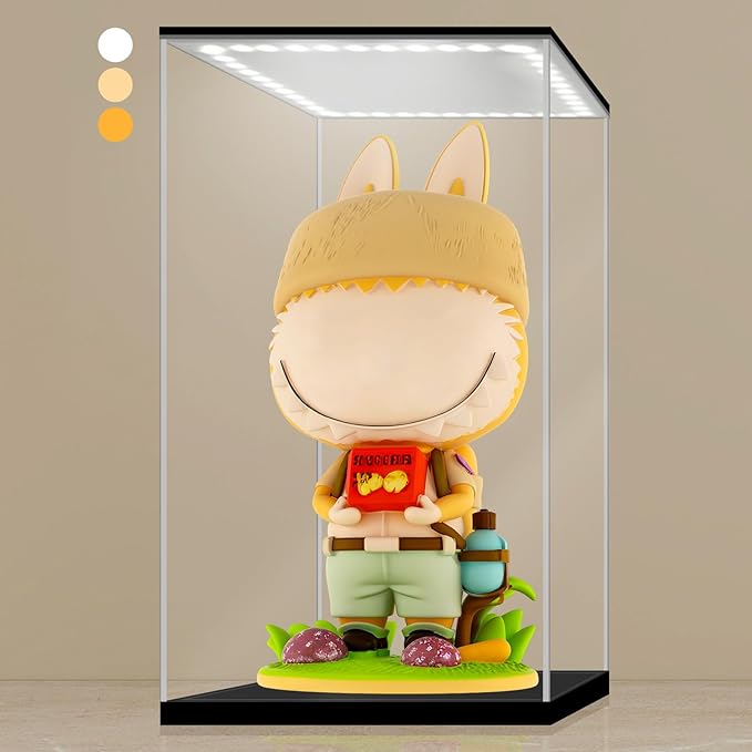LANSCOERY Acrylic Display Case with Adjustable Yellow/White/Warm LED Light, UV Protection Clear Display Box, Dustproof Showcase for Action Figures, Models, Collectibles - 9.8x7.1x16.5inch