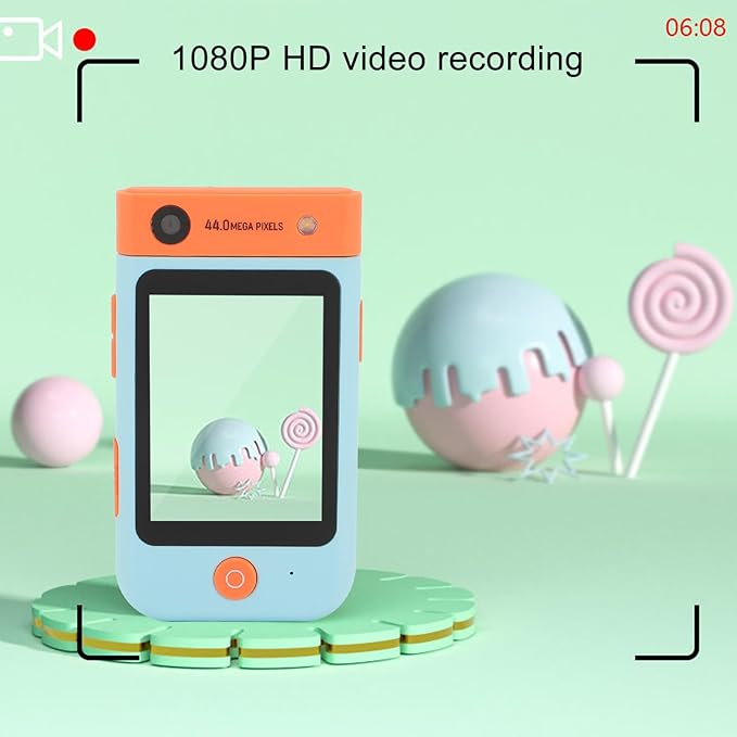 48MP 1080P HD Kids Smart Phone, 2.8in Touchscreen Camera with Autofocus, 180° Rotating Lens, Music Player, Games, Voice Recorder, for Boys Girls, with Carton Stickers (Blue Bear)