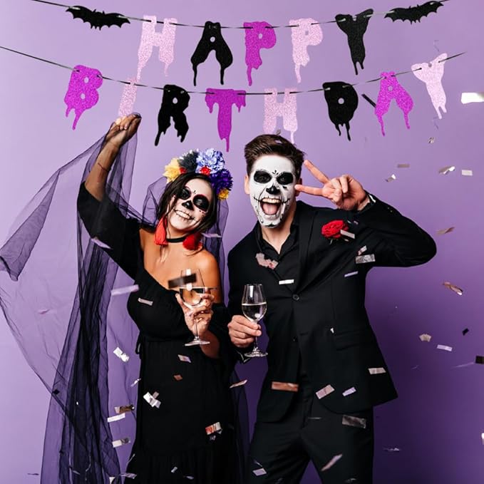 Halloween Happy Birthday Banner – Bday Party Decoration, Glitter Bloody Hanging Garland with Spooky Bats, Halloween Theme Party Supplies, Indoor & Outdoor