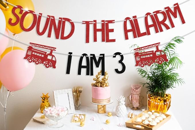 Fire Truck I am 3 Sound The Alarm Banner, Fire Truck 3rd Birthday Decorations, Firefighter Fire Engine Theme 3 Year Old Birthday Party Supplies Red Black