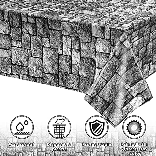 Irenare Halloween Stone Wall Tablecloths, Medieval Castle Party Decorations Supplies Disposable Plastic Brick Stone Tablecloth Brick Wall Table Covers for Birthday Party Favors(6 Pack,108 x 54 Inch)