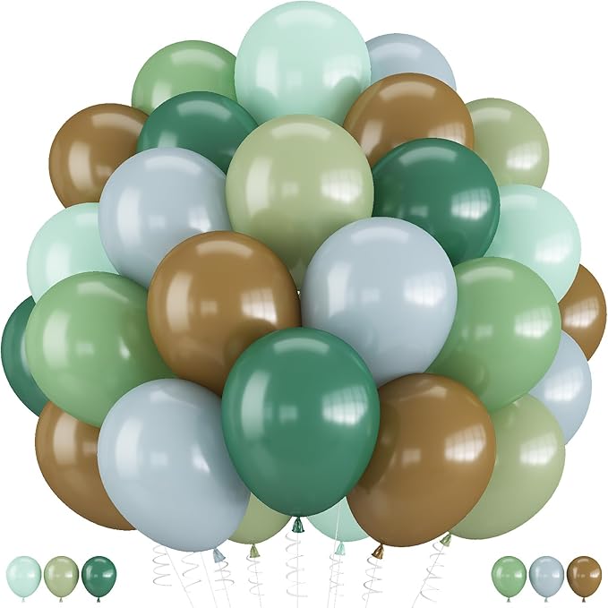 Blue Green Brown Balloons, 12 Inch Sage Pastel Green Balloon Dusty Blue Balloon for Dinosaur Woodland, Jungle Theme Birthday, Dino Baby Shower Decorations