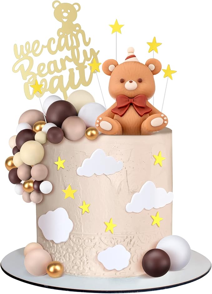 Yinder 54 Pcs Bear Cake Decoration Toppers for Baby Shower Decorations with Balls We Can Bearly Wait Happy Birthday Mini Bear Figurine Cake Party Birthday Supplies (Lovely)