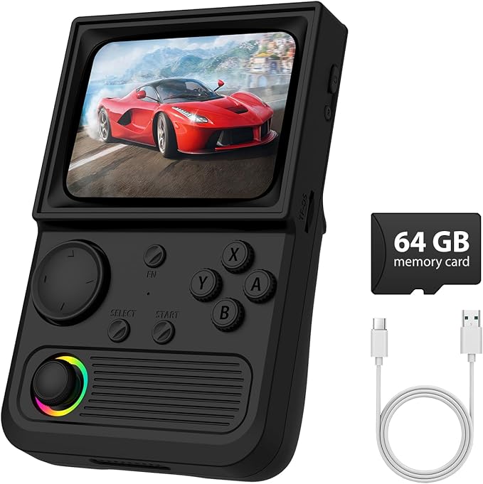 R36T Retro Gaming Console, 3.5'' IPS Screen CRT-Inspired, Handheld Game Console with 18000+ Classic Games Supports WiFi Networked Fighting and OTG, 3500mAh Battery, with Portable Case(Black 64GB)