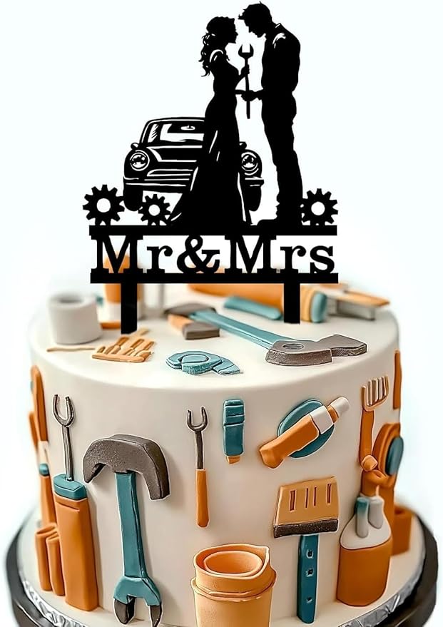 Repairman Wedding Cake Topper Funny Mr & Mrs Cake Decorations Repair Themed Cake Topper for Wedding Anniversary Bridal Shower Party Supplies
